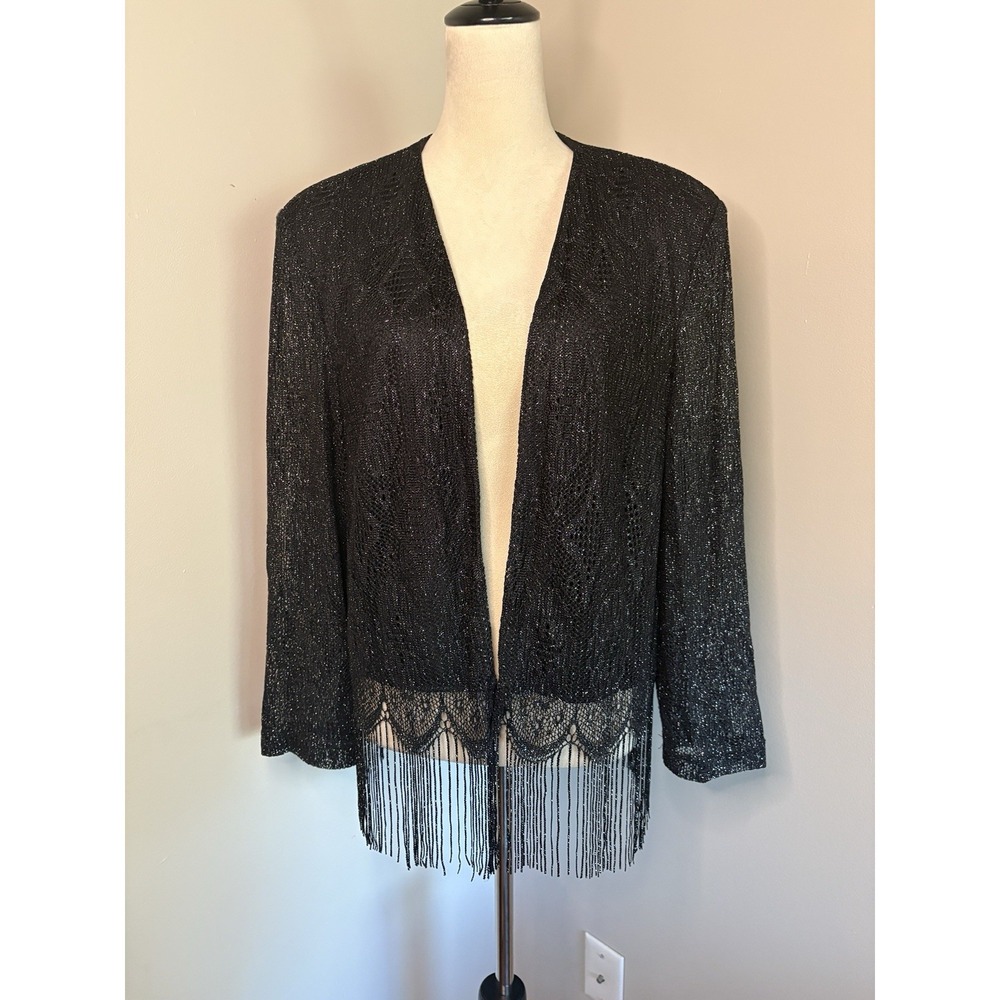 VTG Helene Blake Jacket Topper 80's Black Silver Metallic Lace Dressy One Size